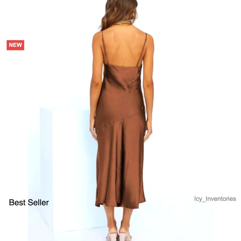 Satin Slip Midi Dress Elegant Wedding Guest Sexy Spaghetti Strap Backless - Picture 2 of 6
